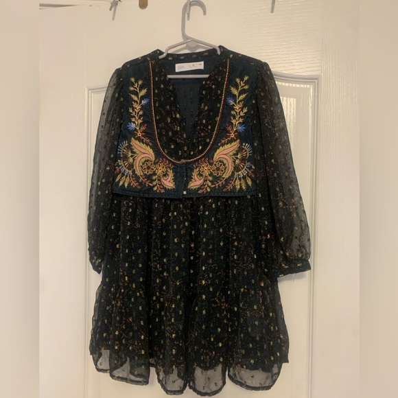Zara embroidered blue dress size 7 shimmer bohemian